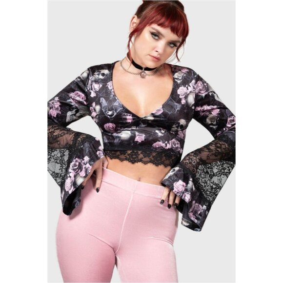 Killstar Naomi Long Sleeve Top ✦ Black Pink Floral Lace ✦ Cropped Gothic Style - Picture 7 of 11
